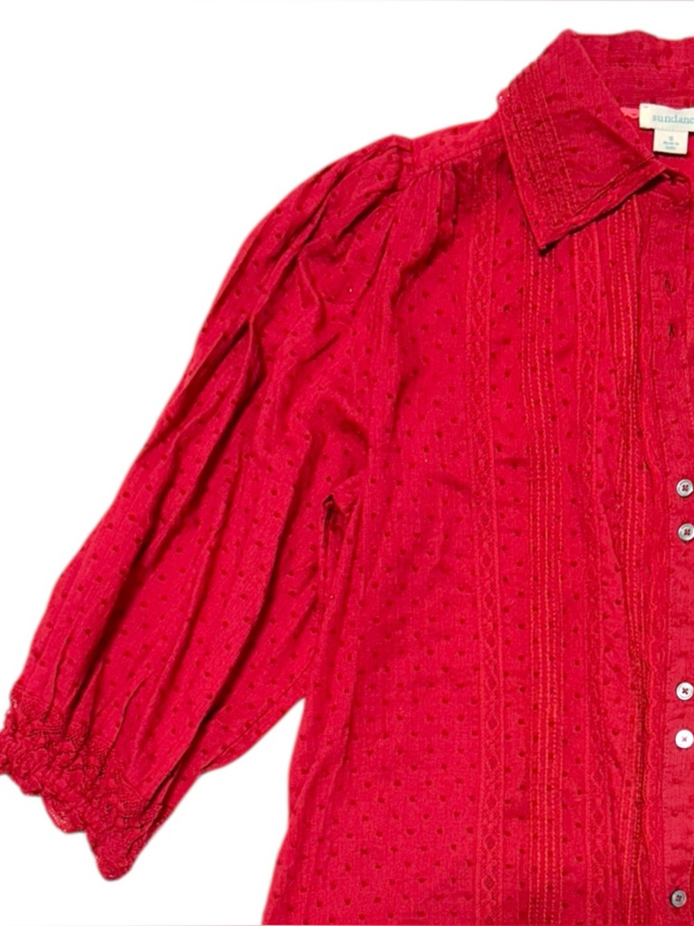 Sundance Women’s Red Ruched Crossover Stretch Collared Button Up Top Size Small - Picture 4 of 6
